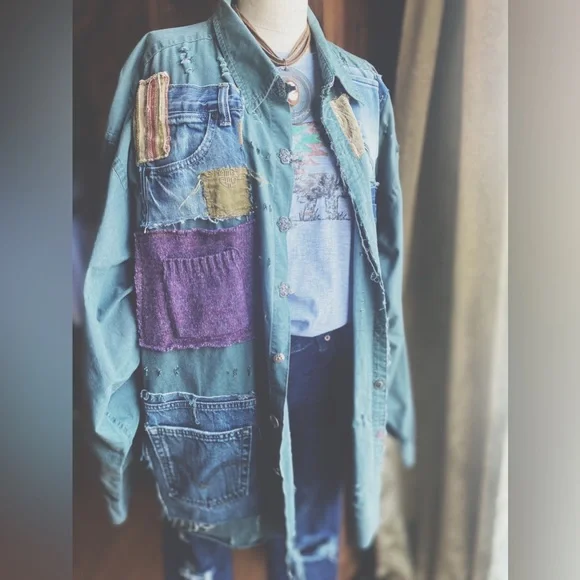 OOAK Custom Patchwork Utility Jacket The Sasha Artisan Reworked XXL - Picture 9 of 15